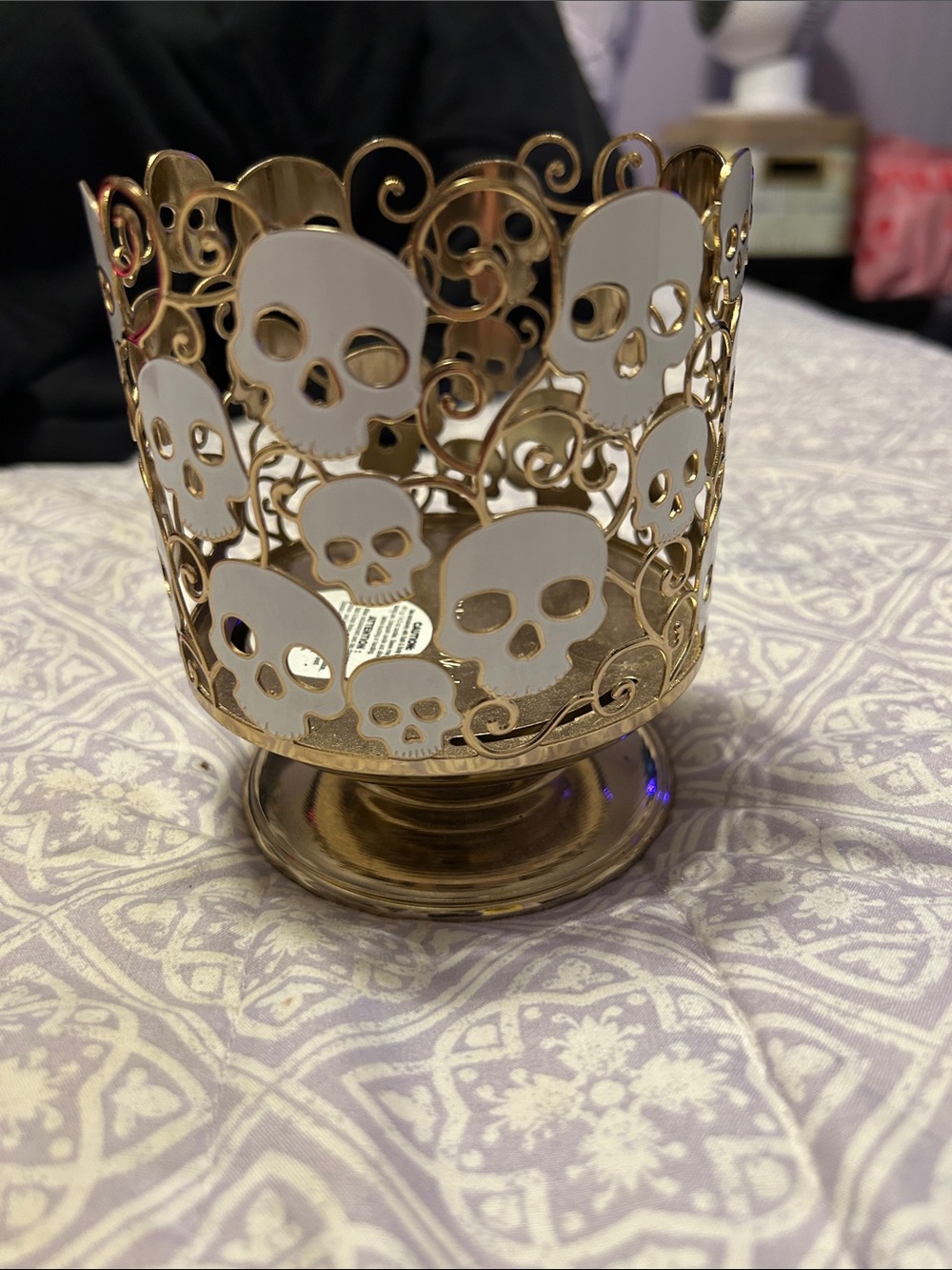 Bath & Body Works Gold and White Skull 3 Wick Candle Holder